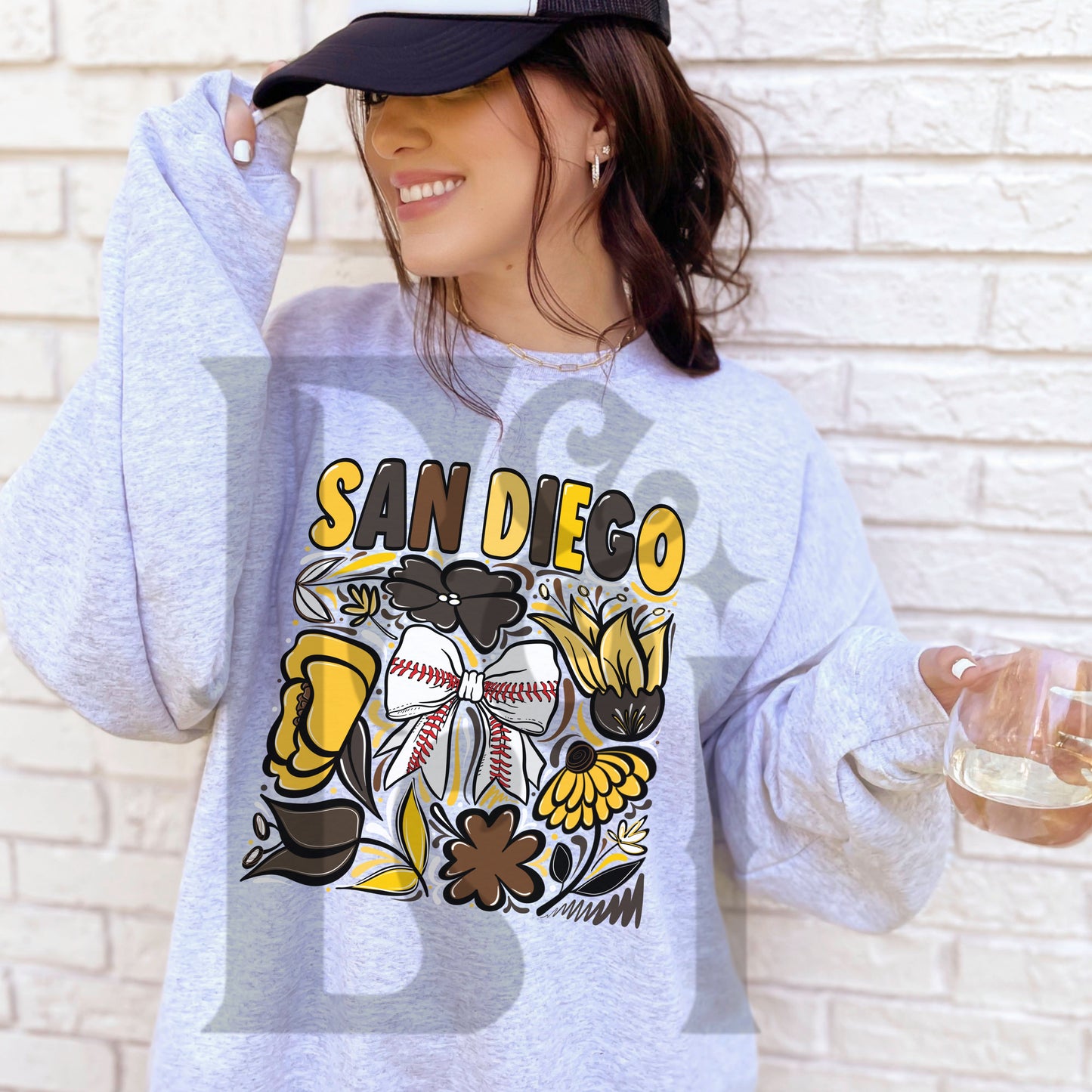 San Diego Hand Drawn Doodle Flowers Baseball Bow PNG