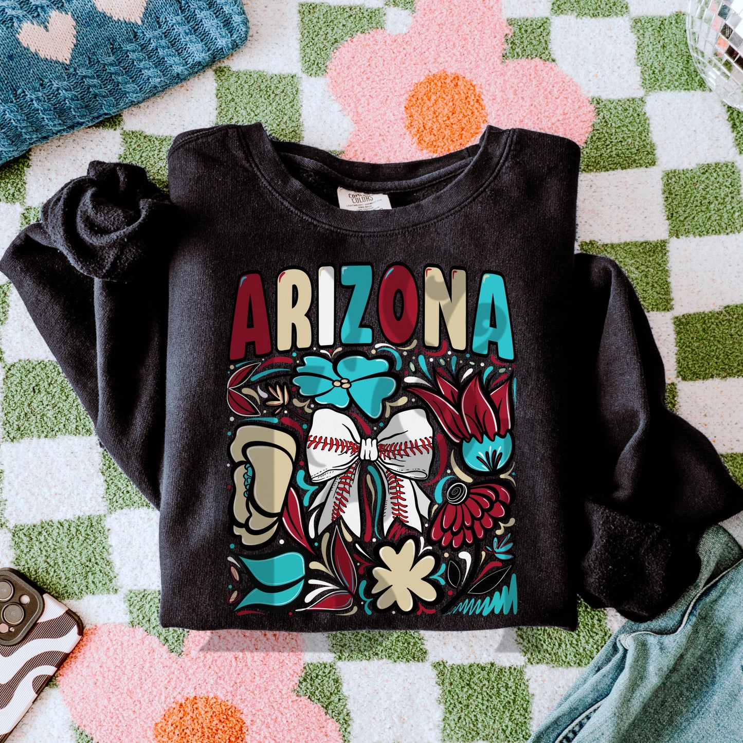 Arizona Hand Drawn Doodle Flowers Baseball Bow PNG