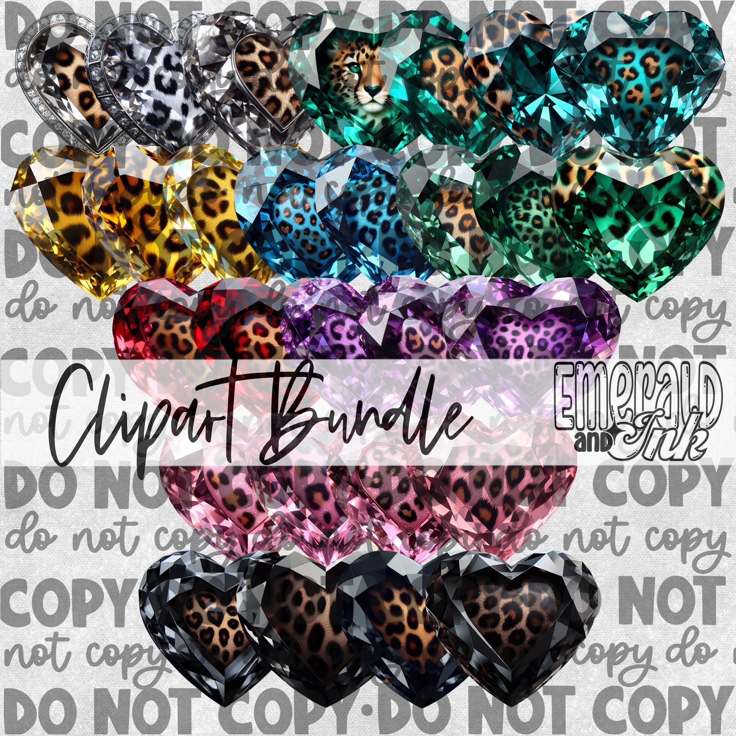 Leopard Gemstone Hearts Clipart Bundle Digital Download