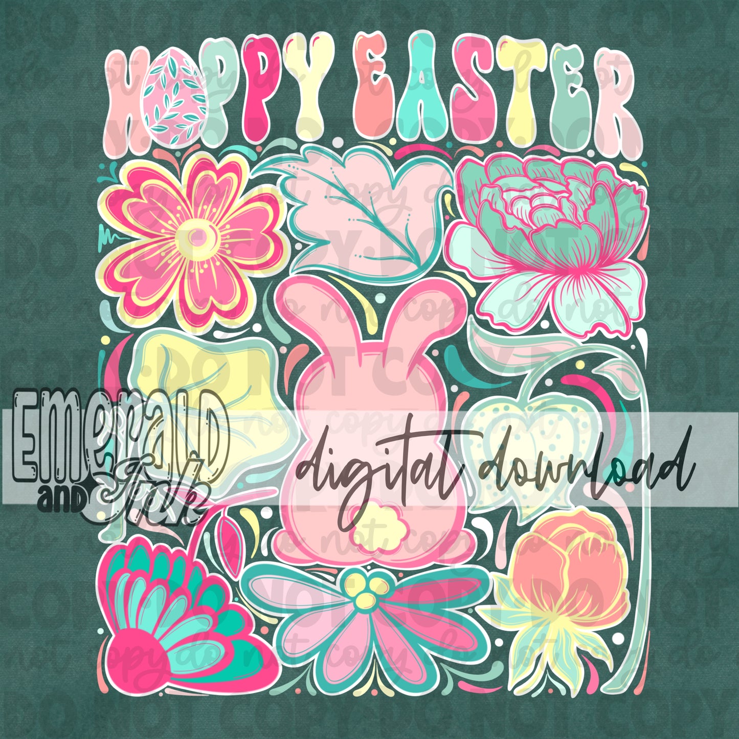 Hoppy Easter Hand Drawn Doodle Flowers & Bunny Digital Download