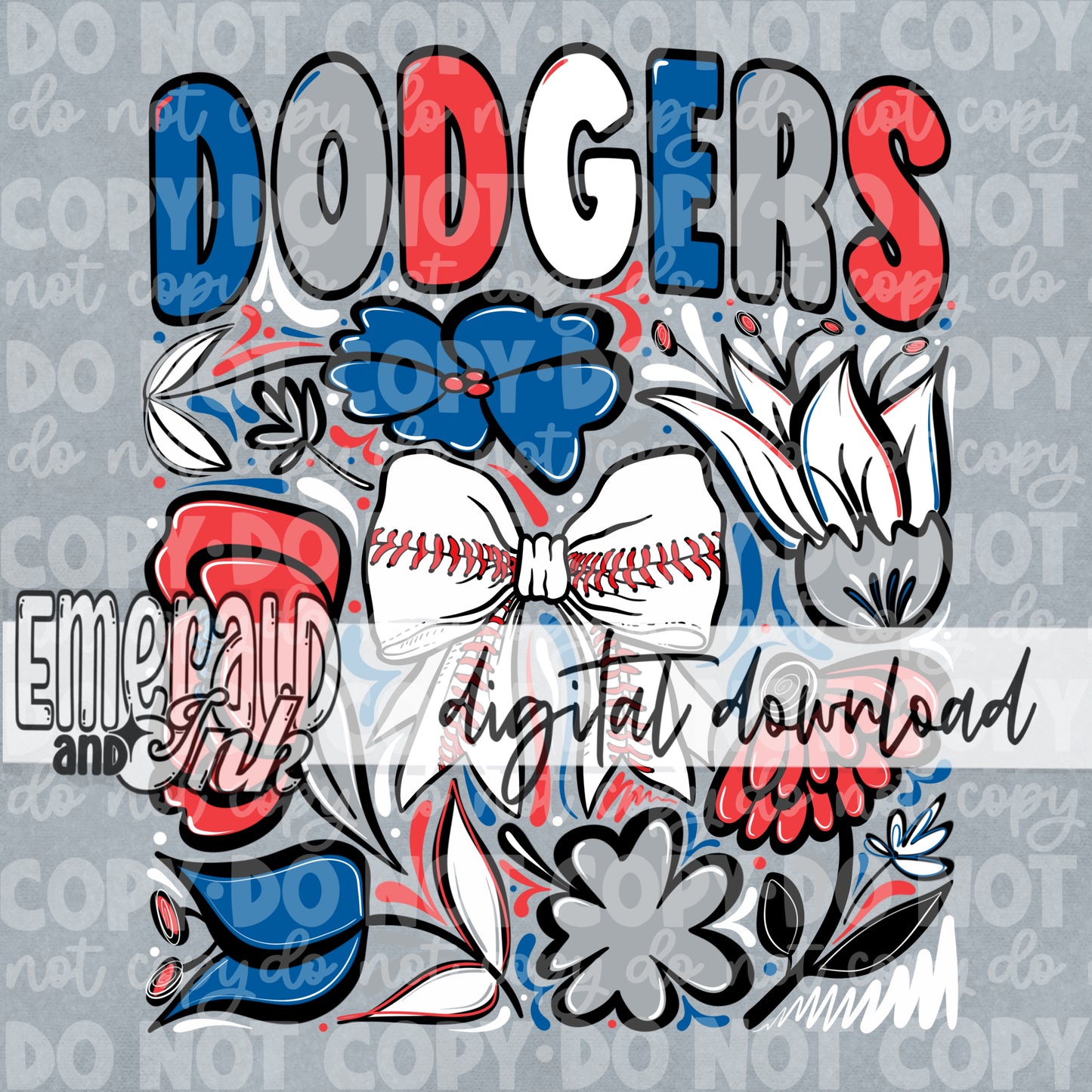 Baseball Team LAD Hand Drawn Flowers Digital Download
