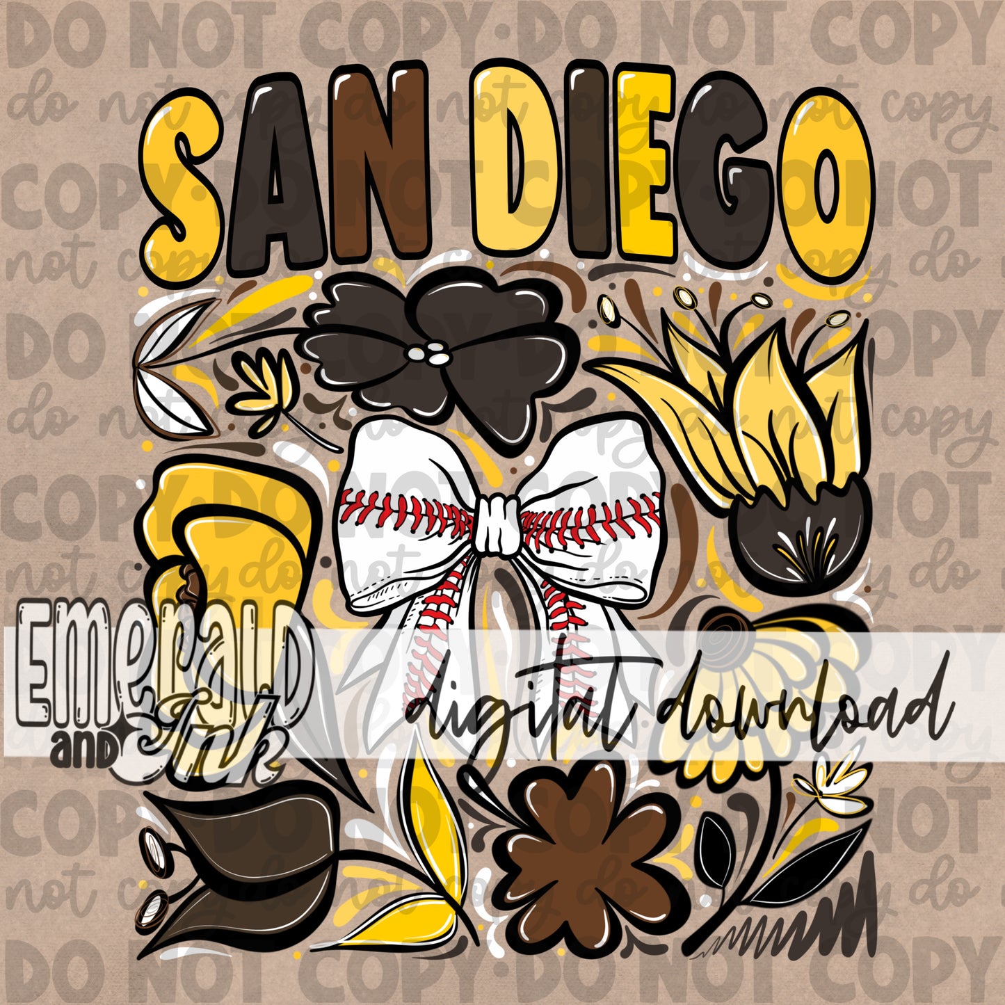 Baseball Team SDP Hand Drawn Flowers Digital Download