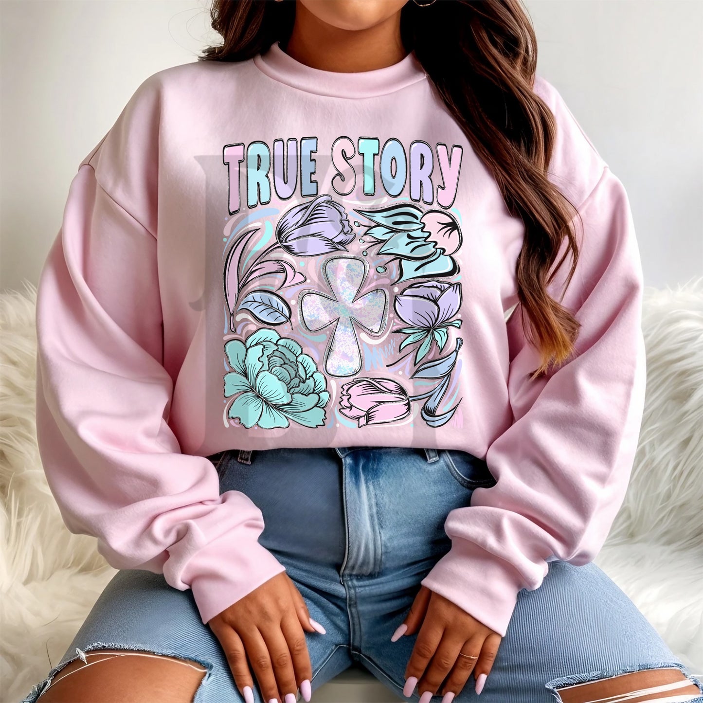 True Story Easter Hand Drawn Doodle Flowers & Cross Digital Download