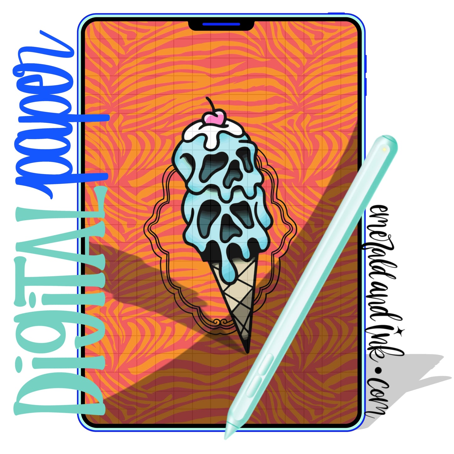 Preppy Tattoo Skull Ice Cream Cone Digital Paper Download