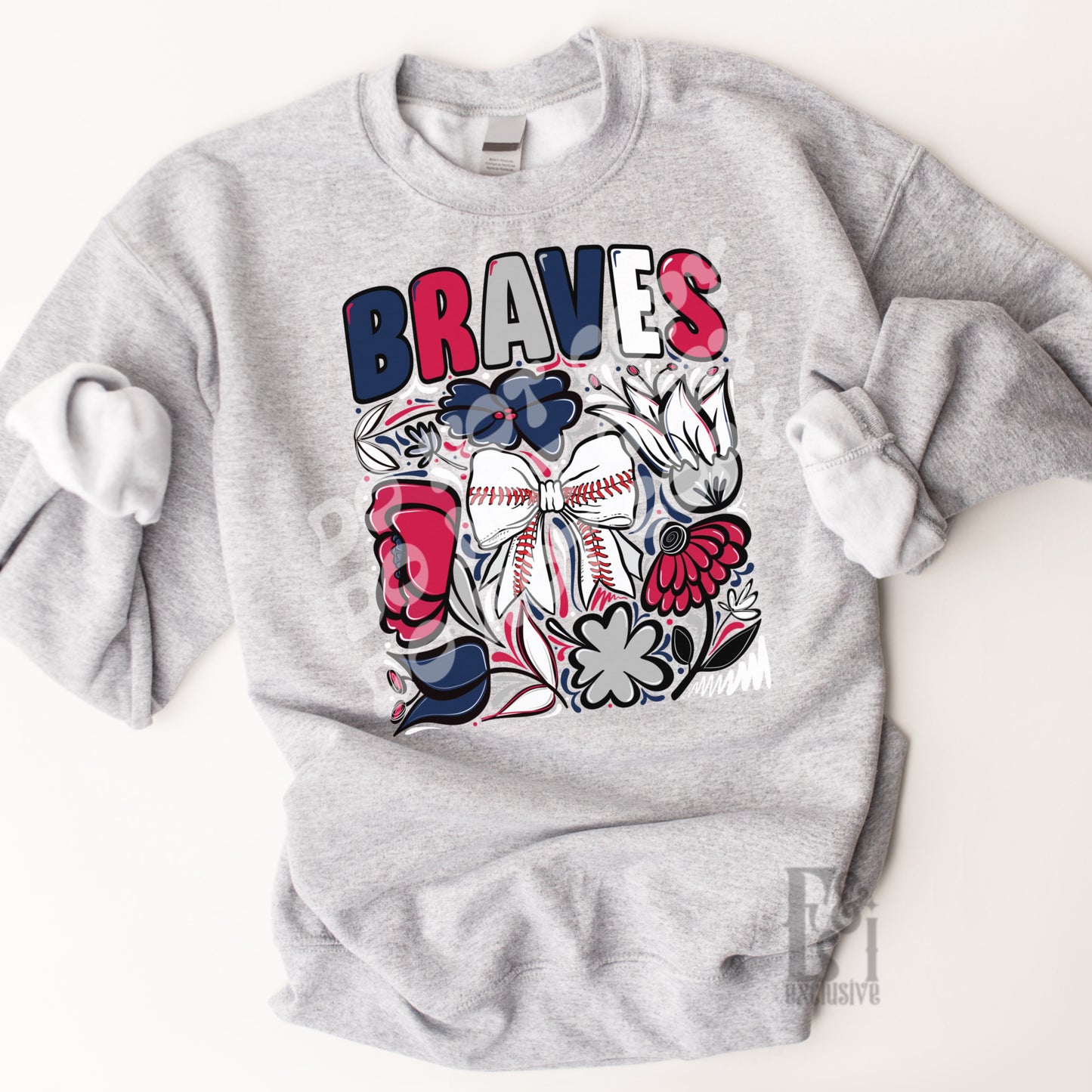 Braves Hand Drawn Doodle Flowers Baseball Bow PNG