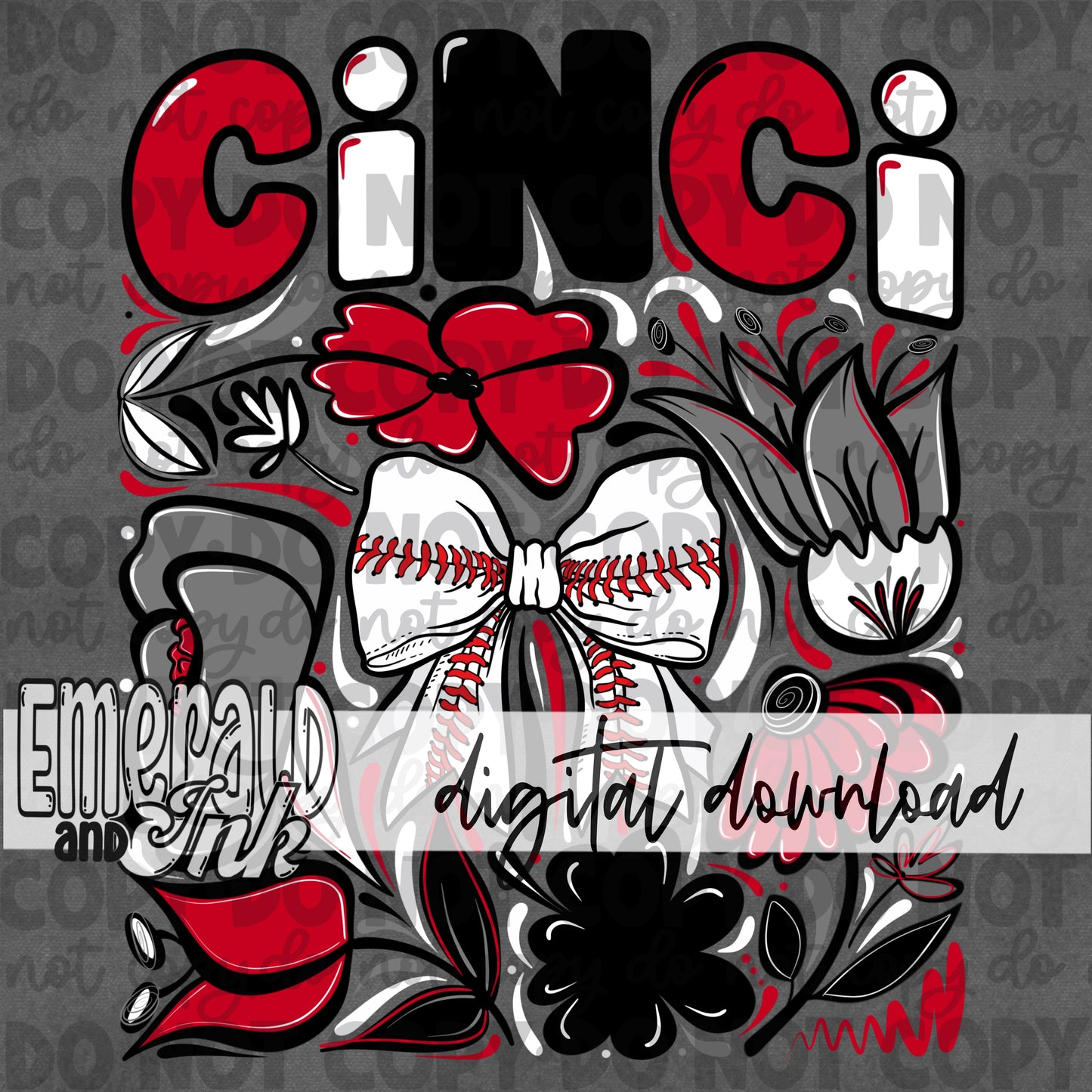 Baseball Team CR Hand Drawn Flowers Digital Download