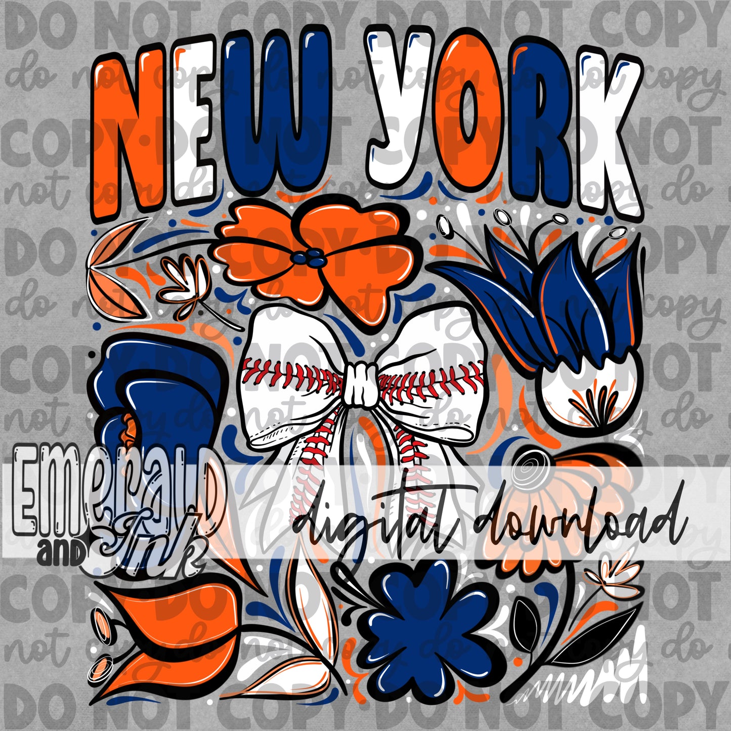 Baseball Team NYM Hand Drawn Flowers Digital Download