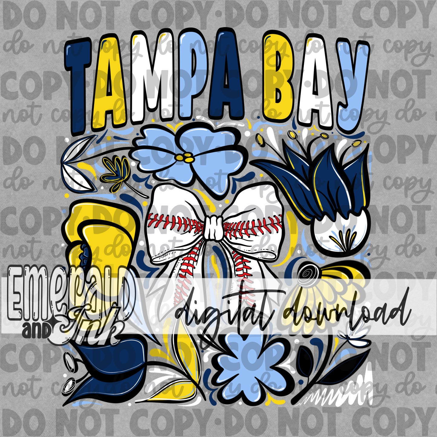 Baseball Team TBR Hand Drawn Flowers Digital Download