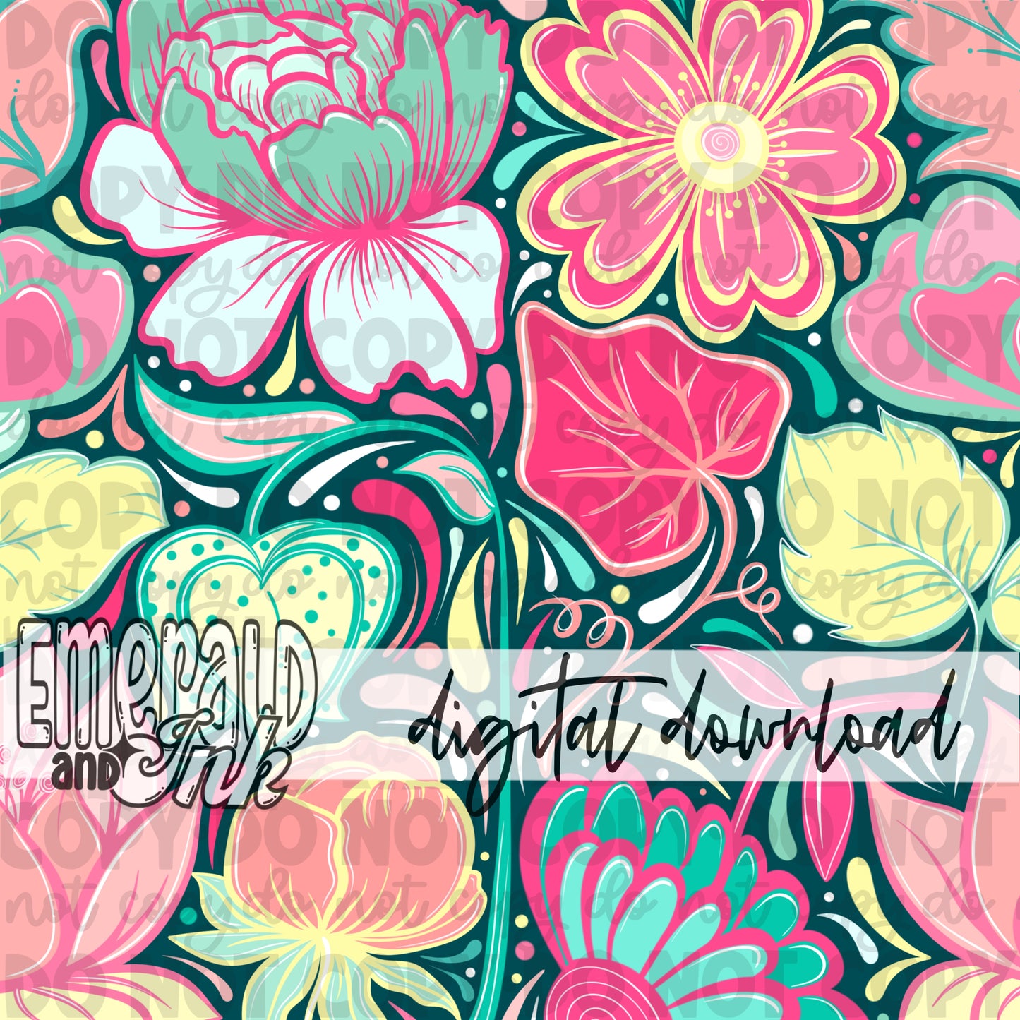 Hand Drawn Doodle Flowers Emerald SEAMLESS Digital Download