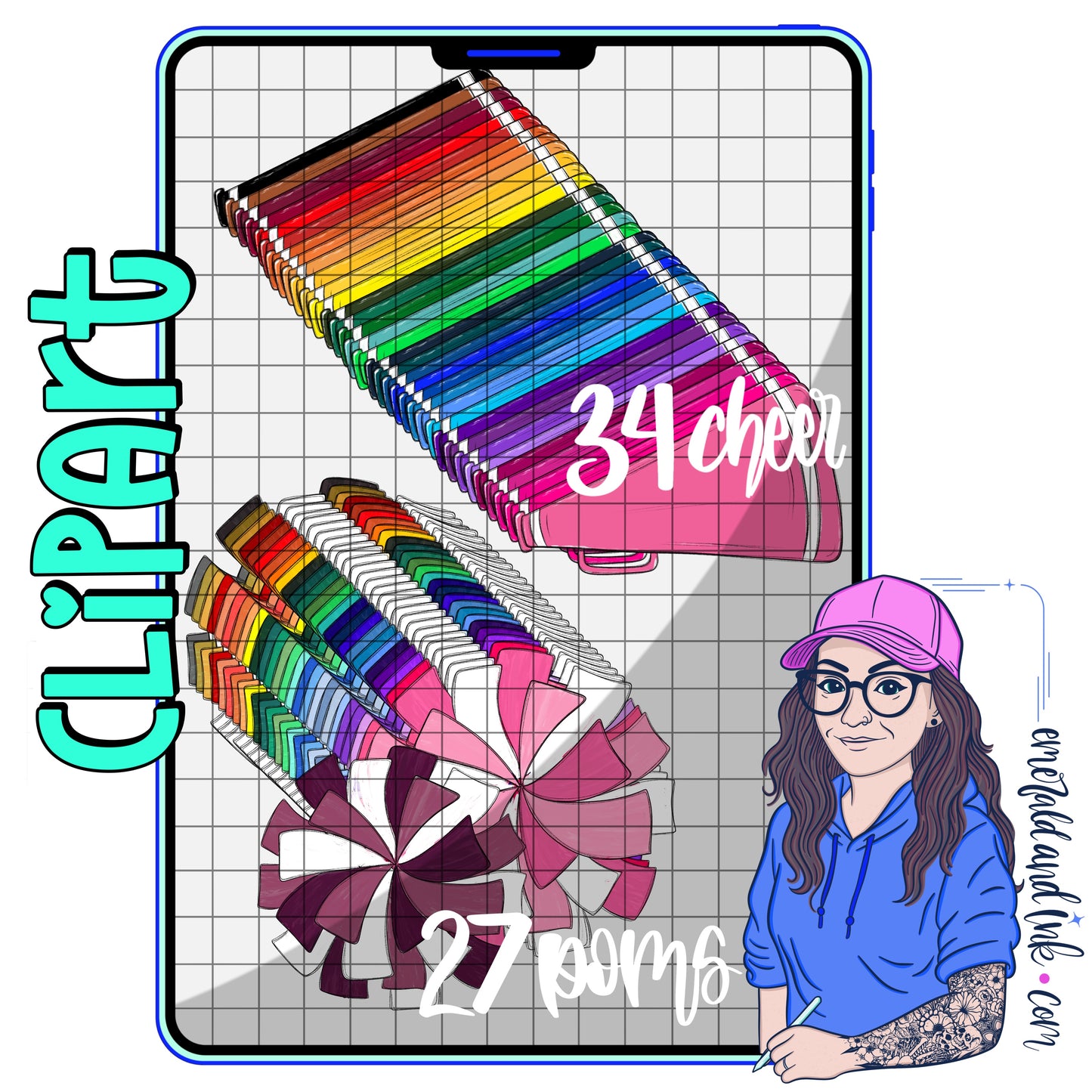 Poms & Cheer Clipart Hand Drawn - ZIP File