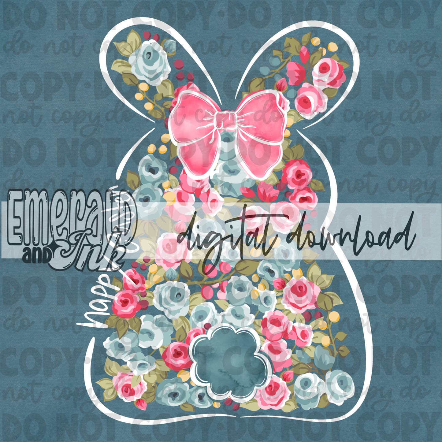 Happy Easter Hand Drawn Floral Bunny Digital Download