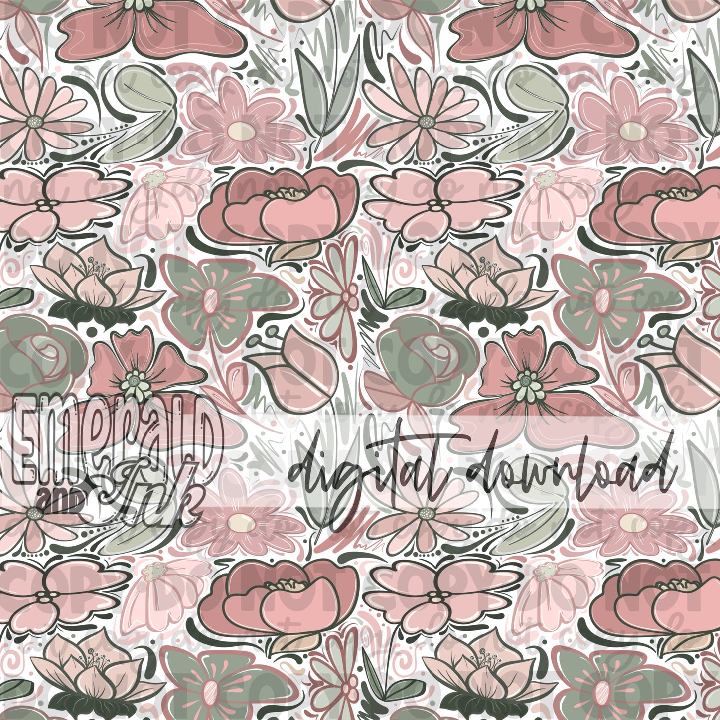 Hand Drawn Doodle Flowers Blush SEAMLESS Digital Download