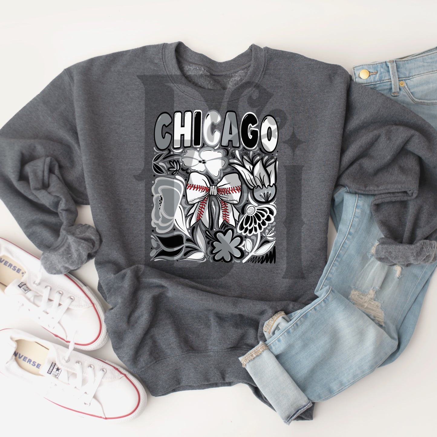 Chicago WS Hand Drawn Doodle Flowers Baseball Bow PNG