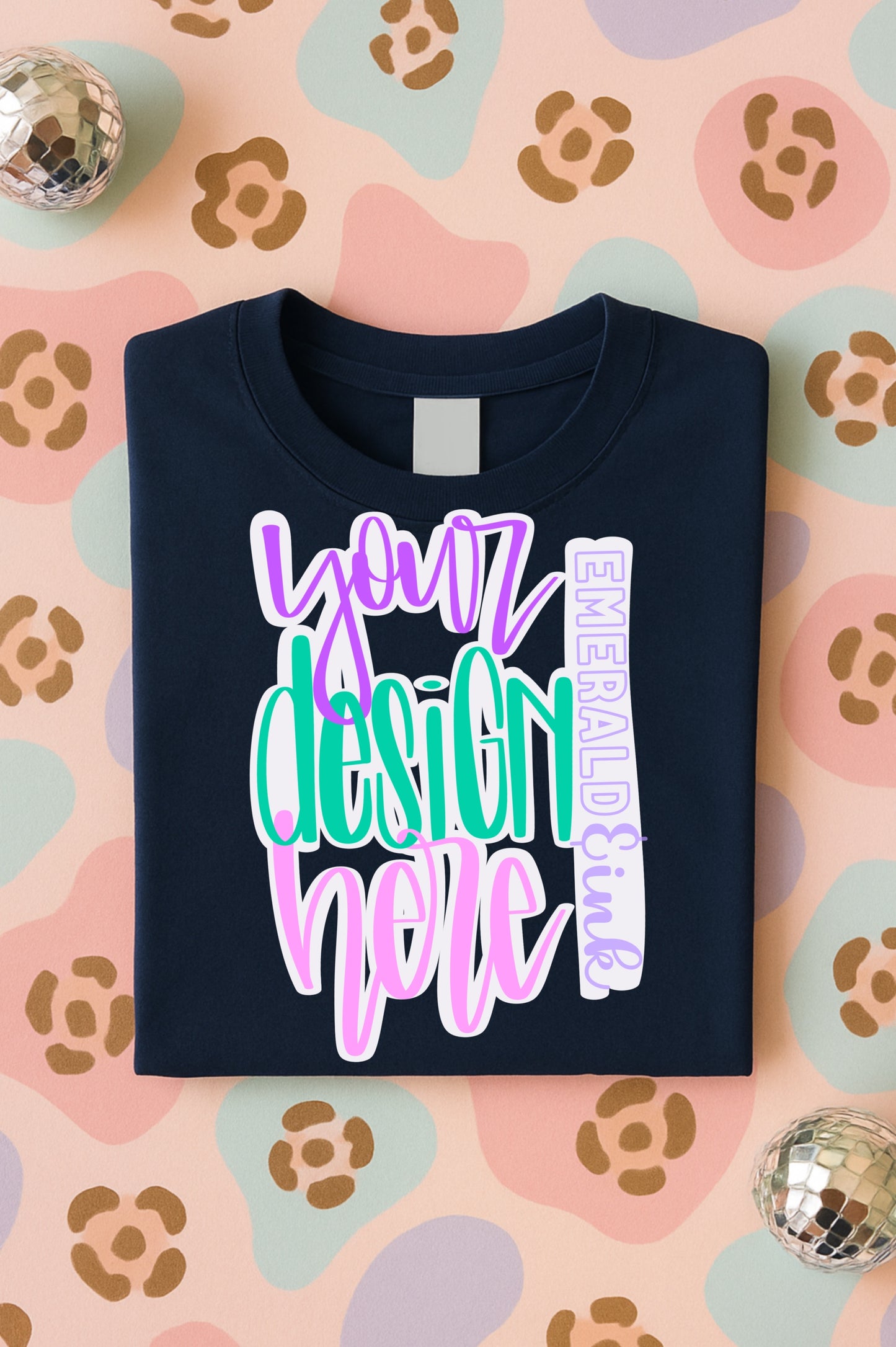 Pastel Leopard Navy Blue Folded T-Shirt Tee Flat Lay Mock Up