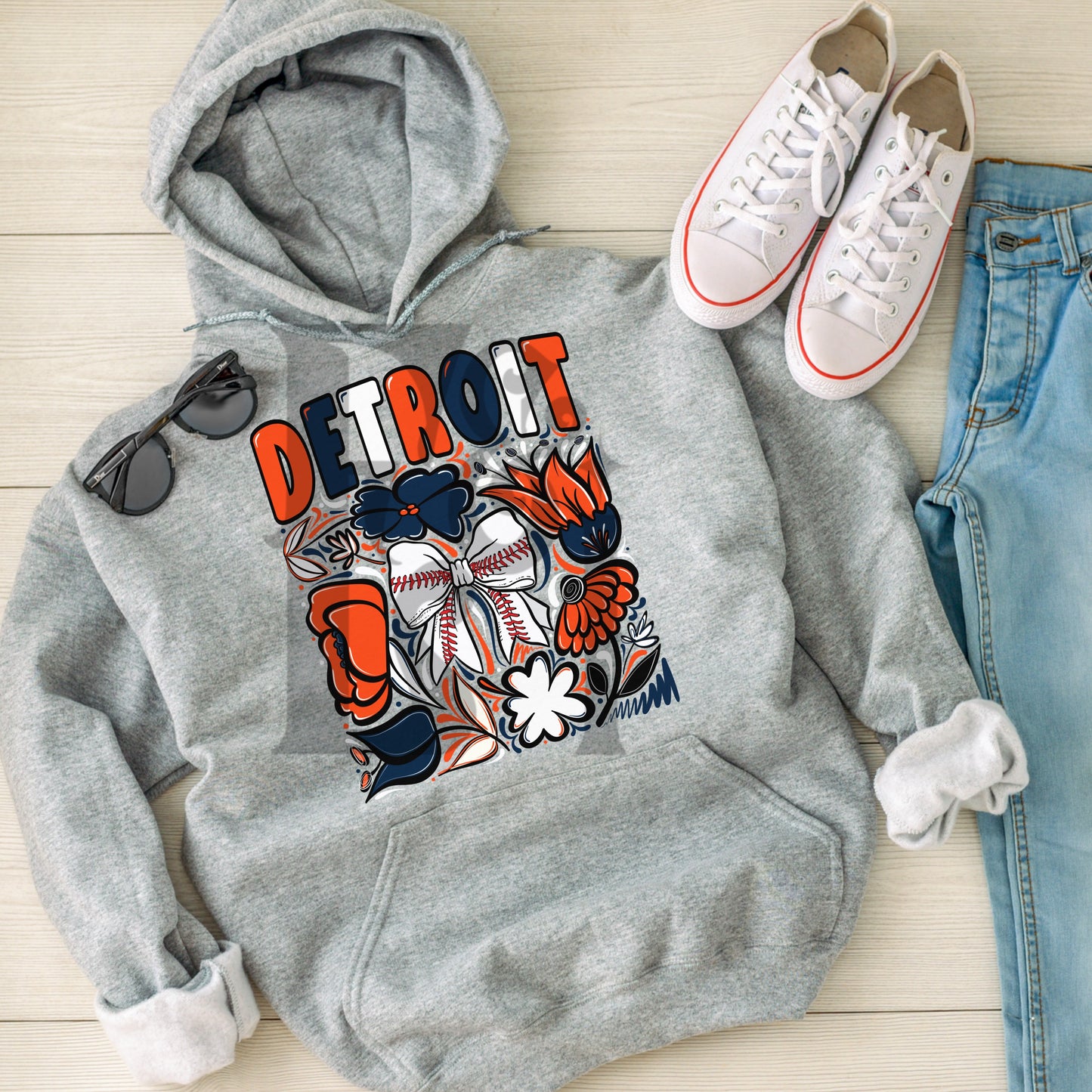 Detroit Hand Drawn Doodle Flowers Baseball Bow PNG
