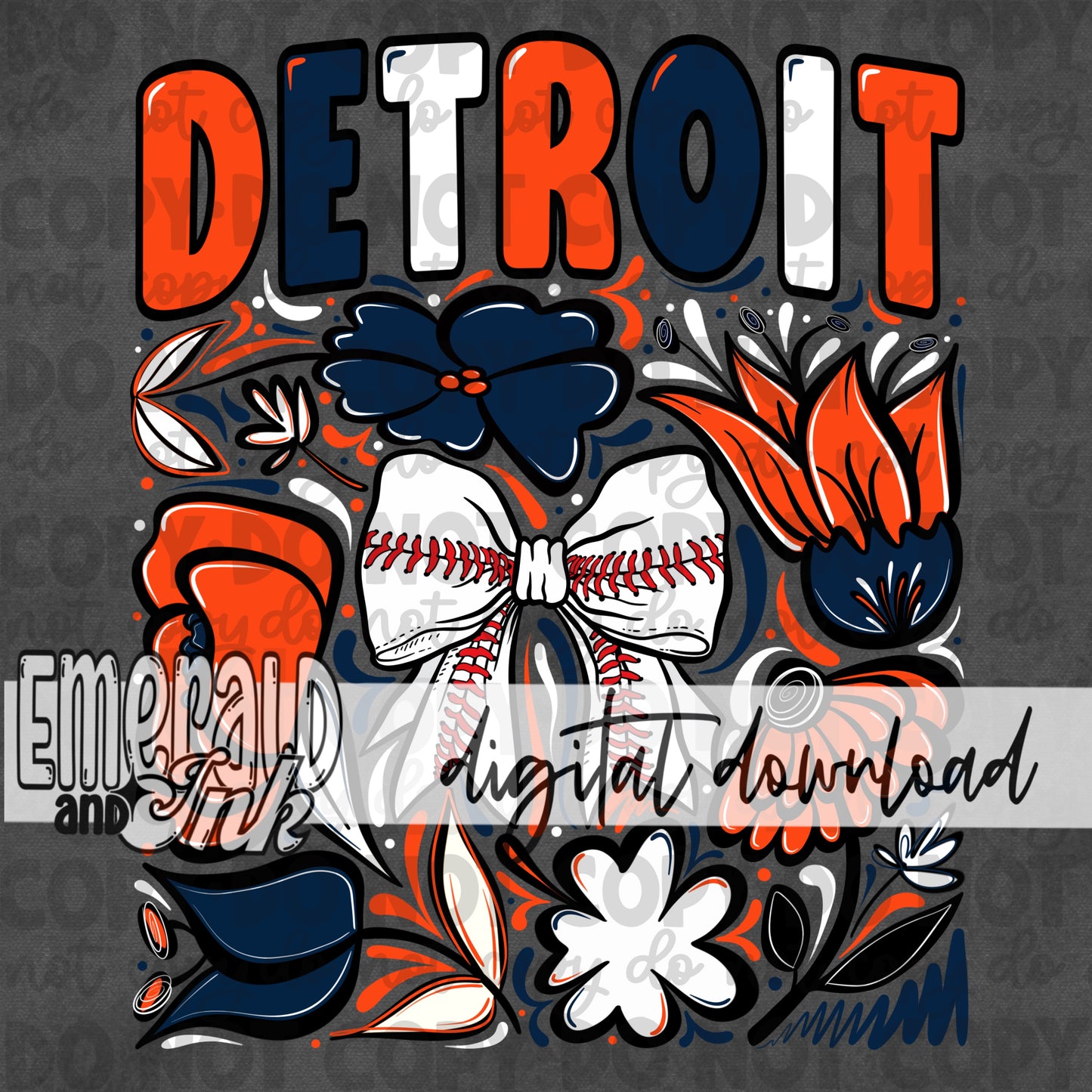Baseball Team DT Hand Drawn Flowers Digital Download