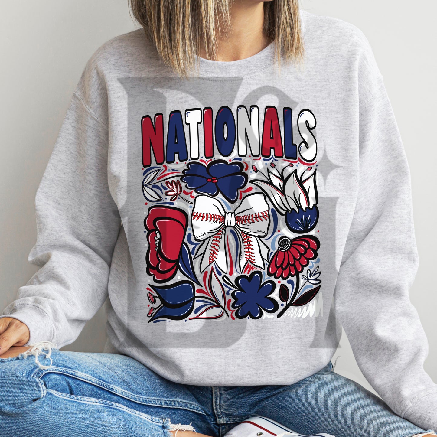 Nationals Hand Drawn Doodle Flowers Baseball Bow PNG