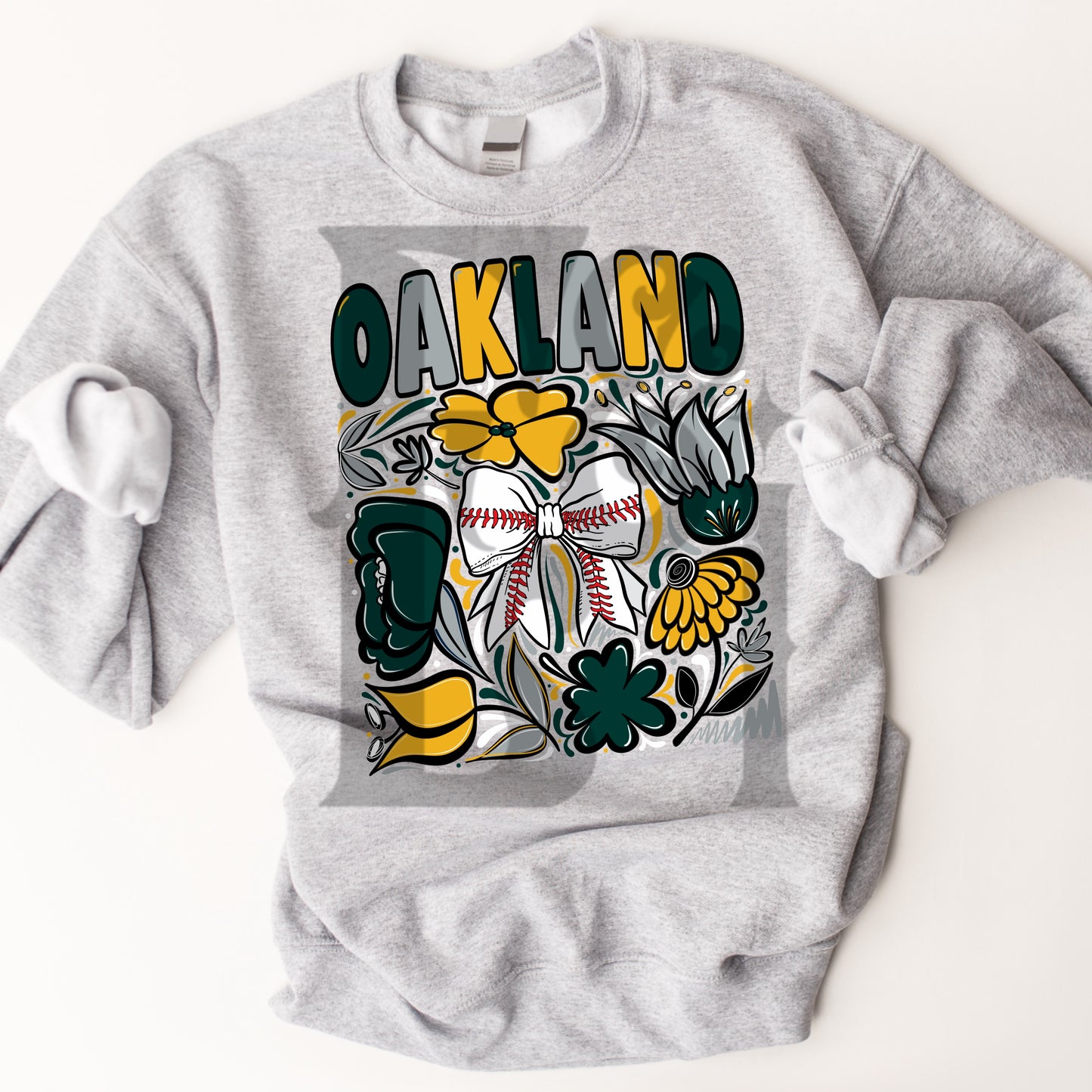 Oakland Hand Drawn Doodle Flowers Baseball Bow PNG