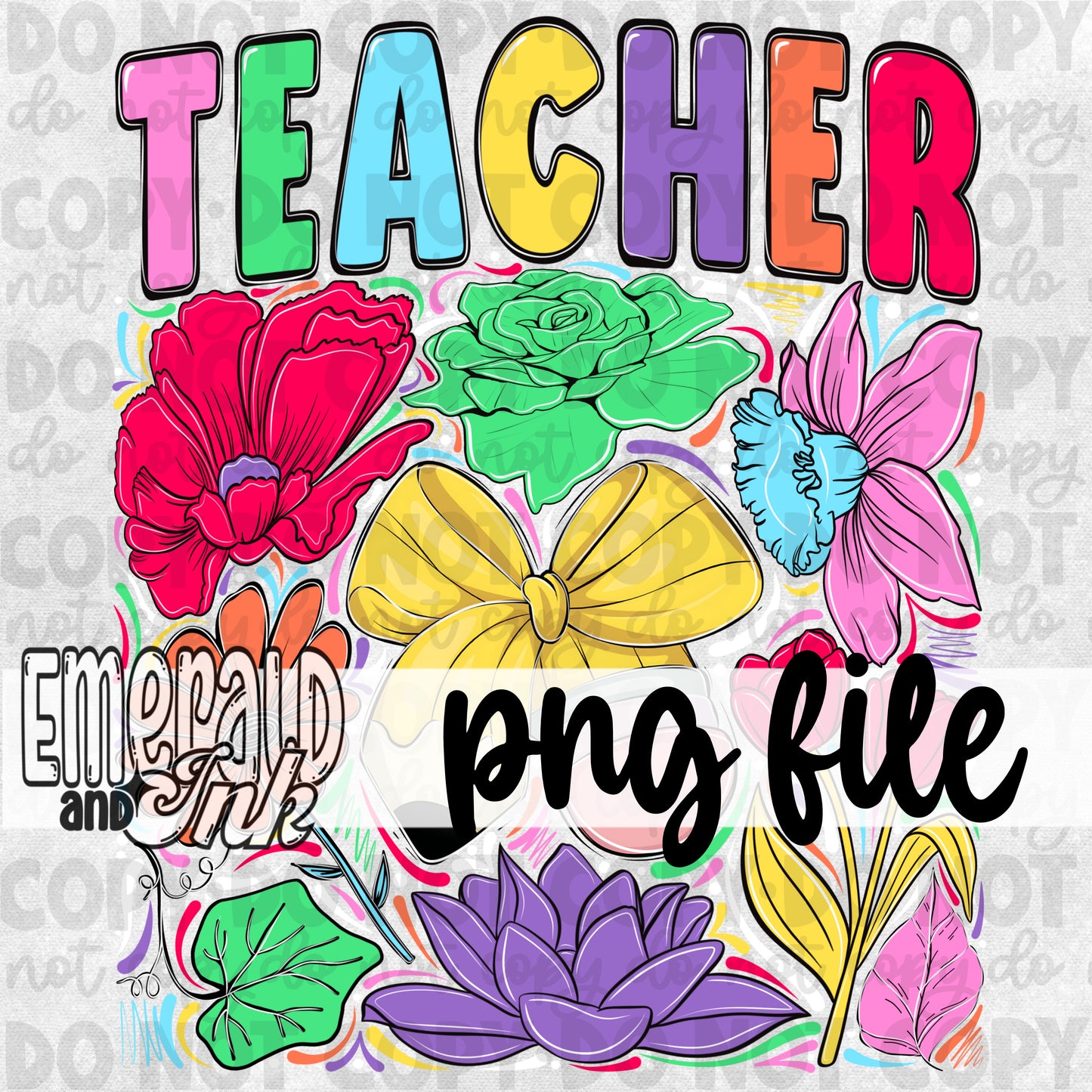 Teacher Bow Hand Drawn Doodle Flowers Digital Download