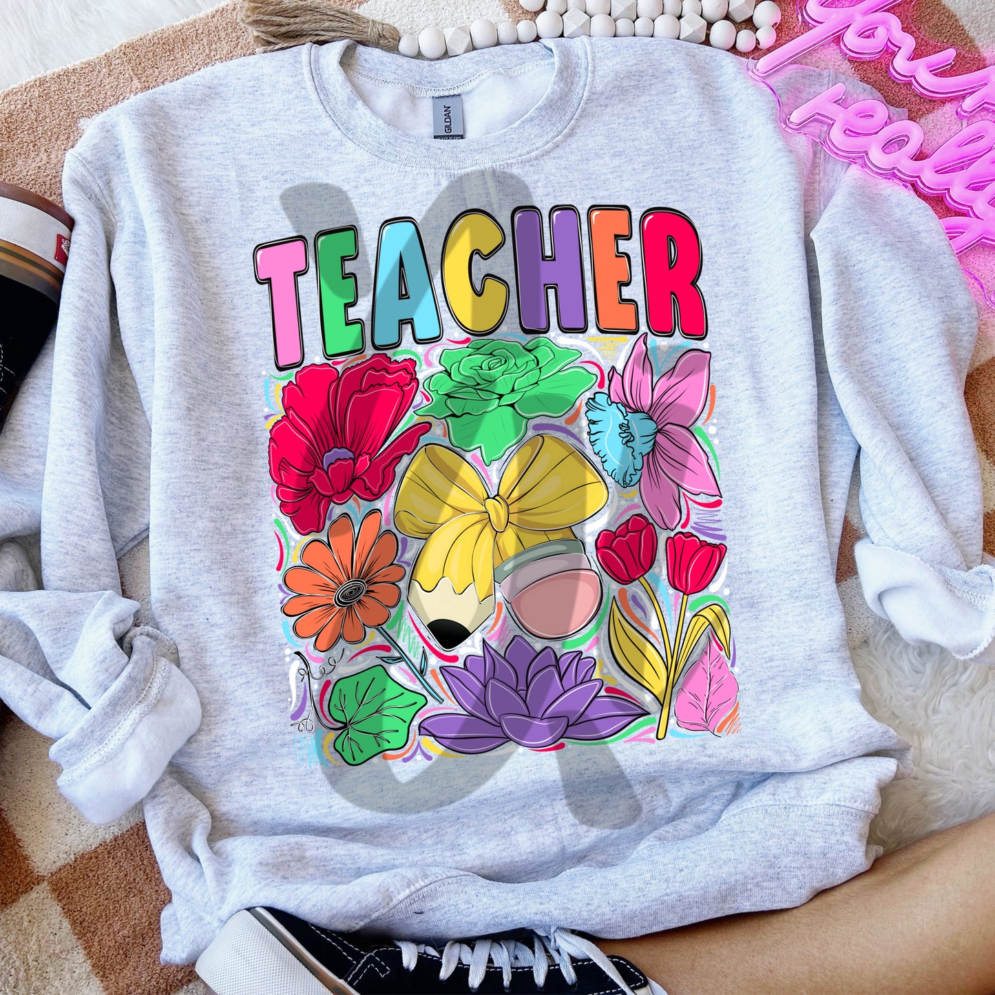 Teacher Bow Hand Drawn Doodle Flowers Digital Download