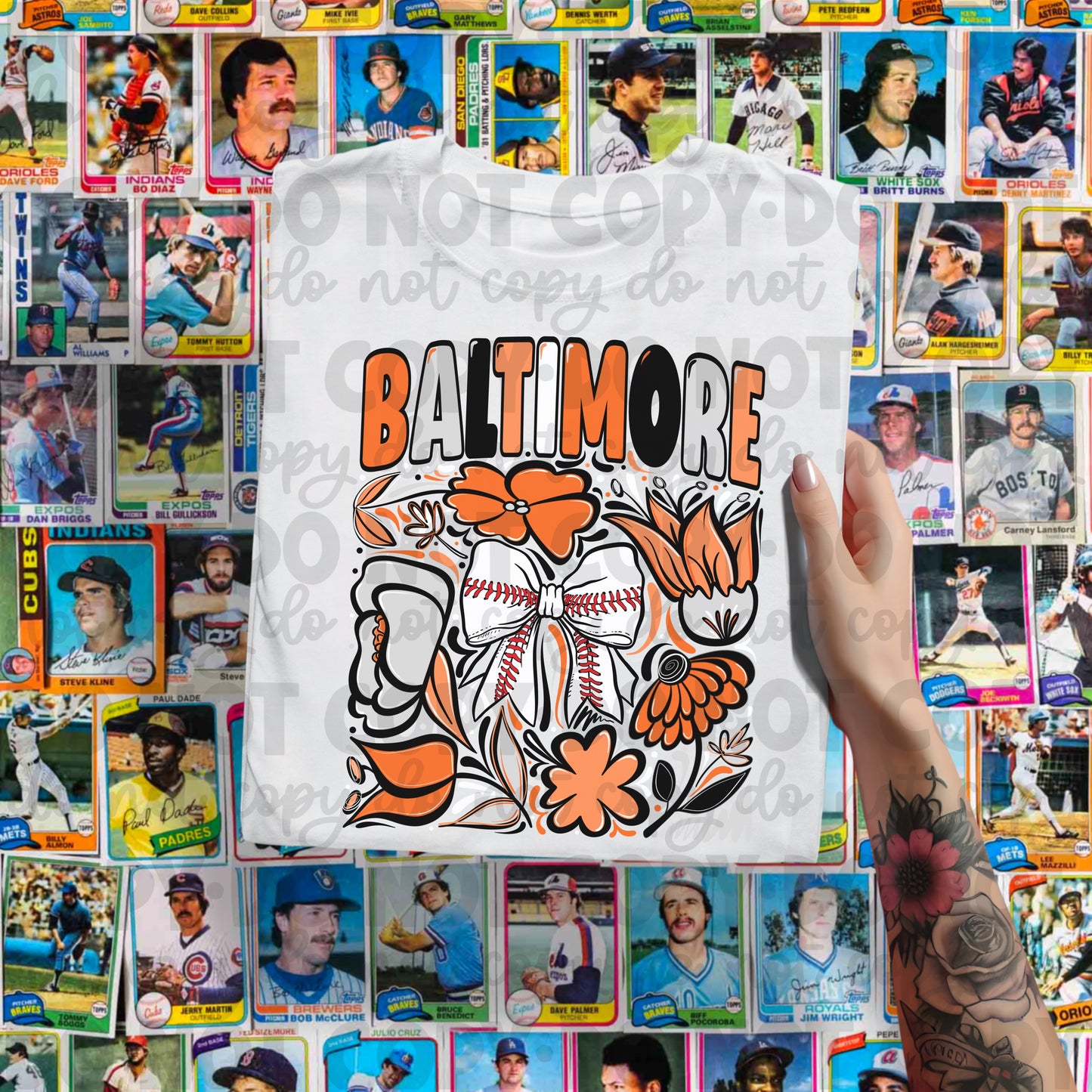 Baltimore Hand Drawn Doodle Flowers Baseball Bow PNG