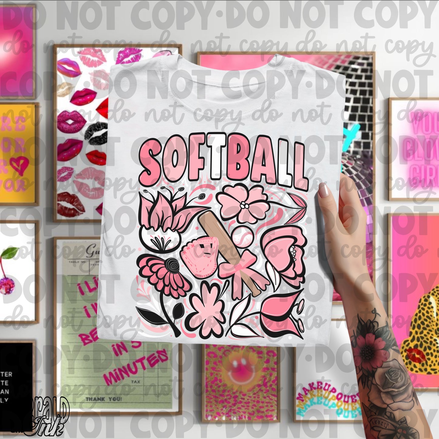 Pink Softball Hand Drawn Flowers Digital Download
