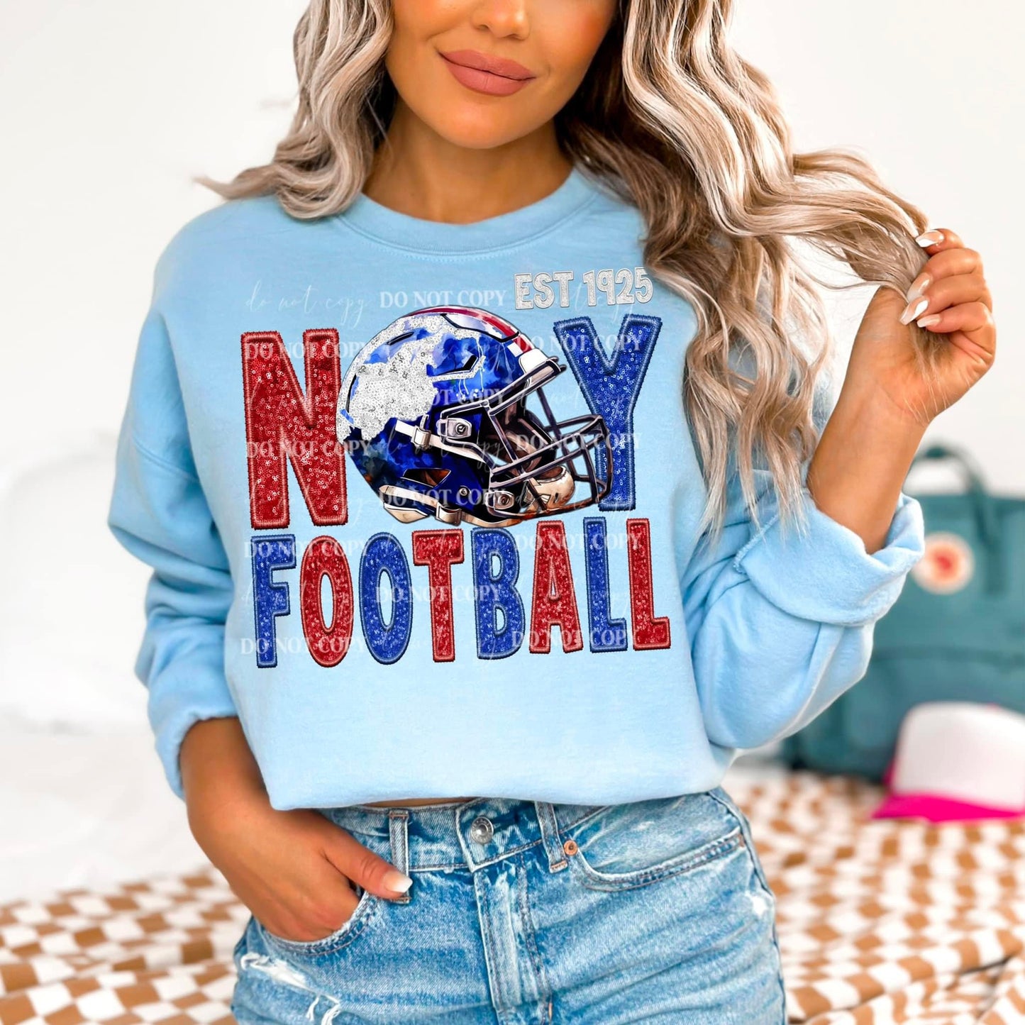 Football NY Blue Faux Embroidery - DTF Transfer