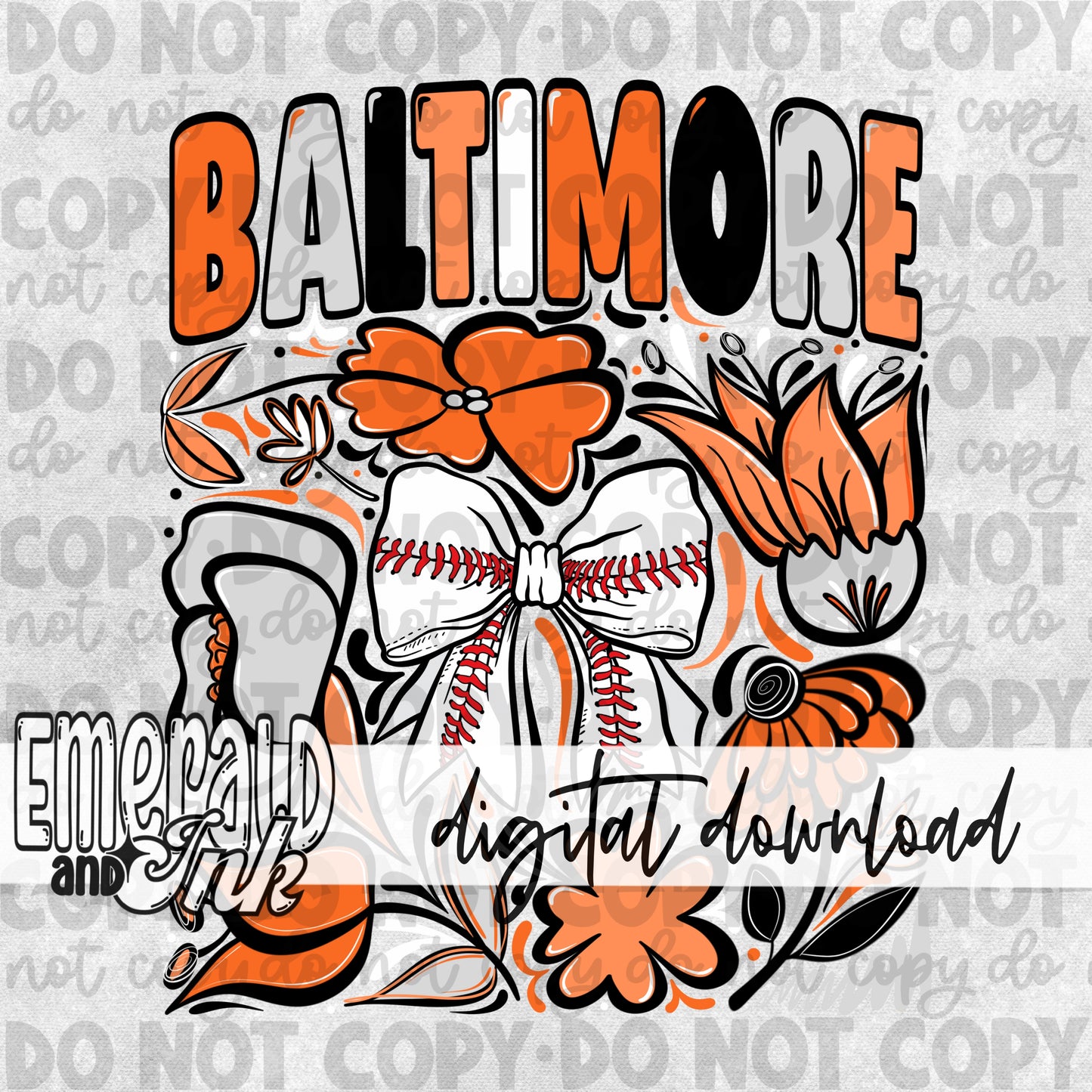 Baseball Team Balt Hand Drawn Flowers Digital Download