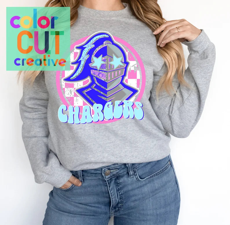 Preppy Mascot - Chargers (pastel pink & blue) - DTF Transfer *TAT 5-7 biz days