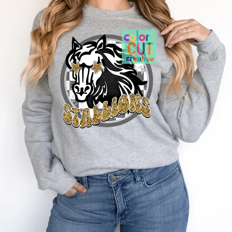 Preppy Mascot - Stallions (black & gold glitter) - DTF Transfer *TAT 5-7 biz days