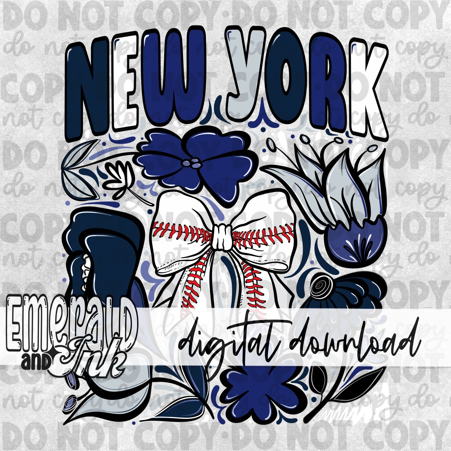 Baseball Team NYY Hand Drawn Flowers Digital Download