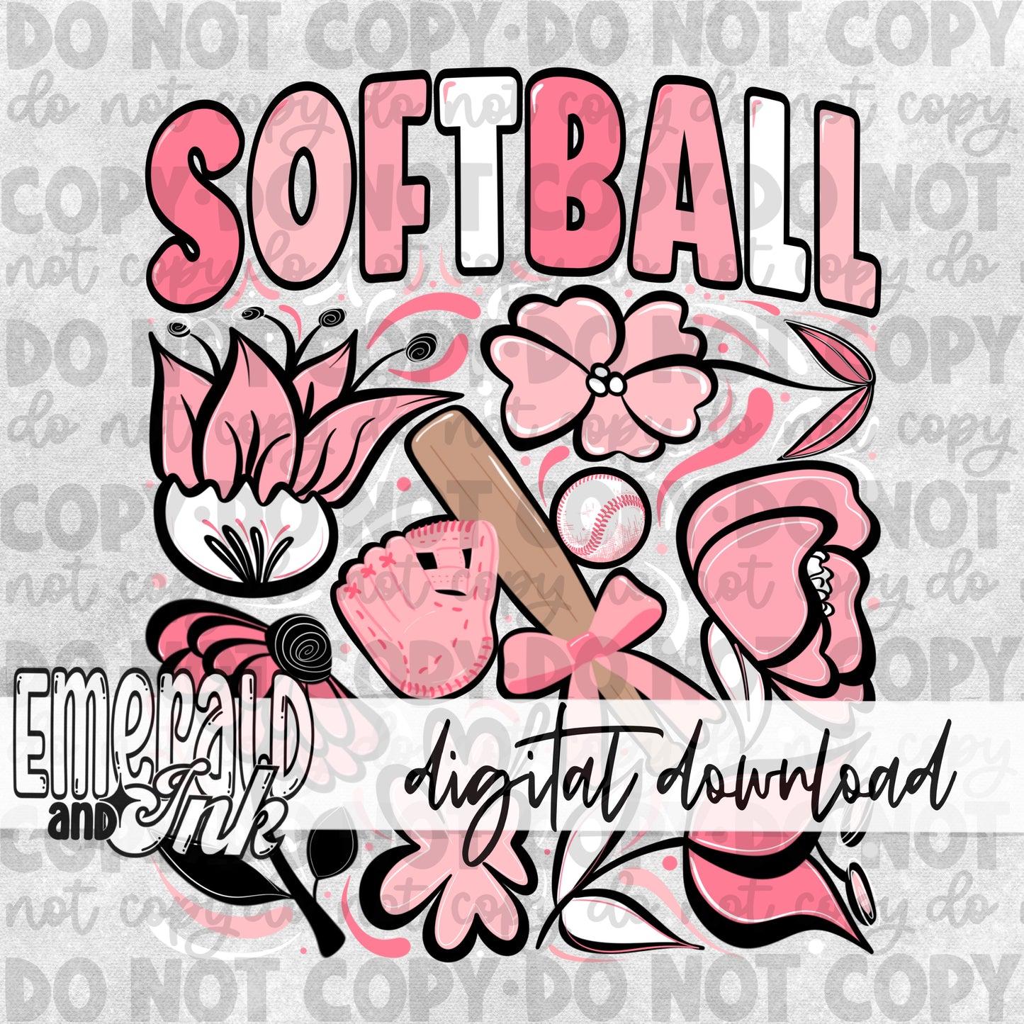 Pink Softball Hand Drawn Flowers Digital Download