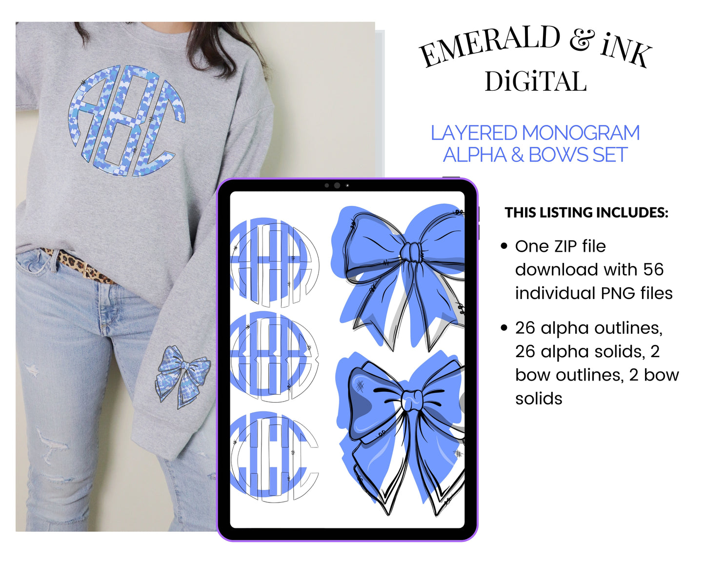 Layered Monogram Doodle Alpha & Hand Drawn Doodle Bows Set (completely customizable. for intermediate designers only)