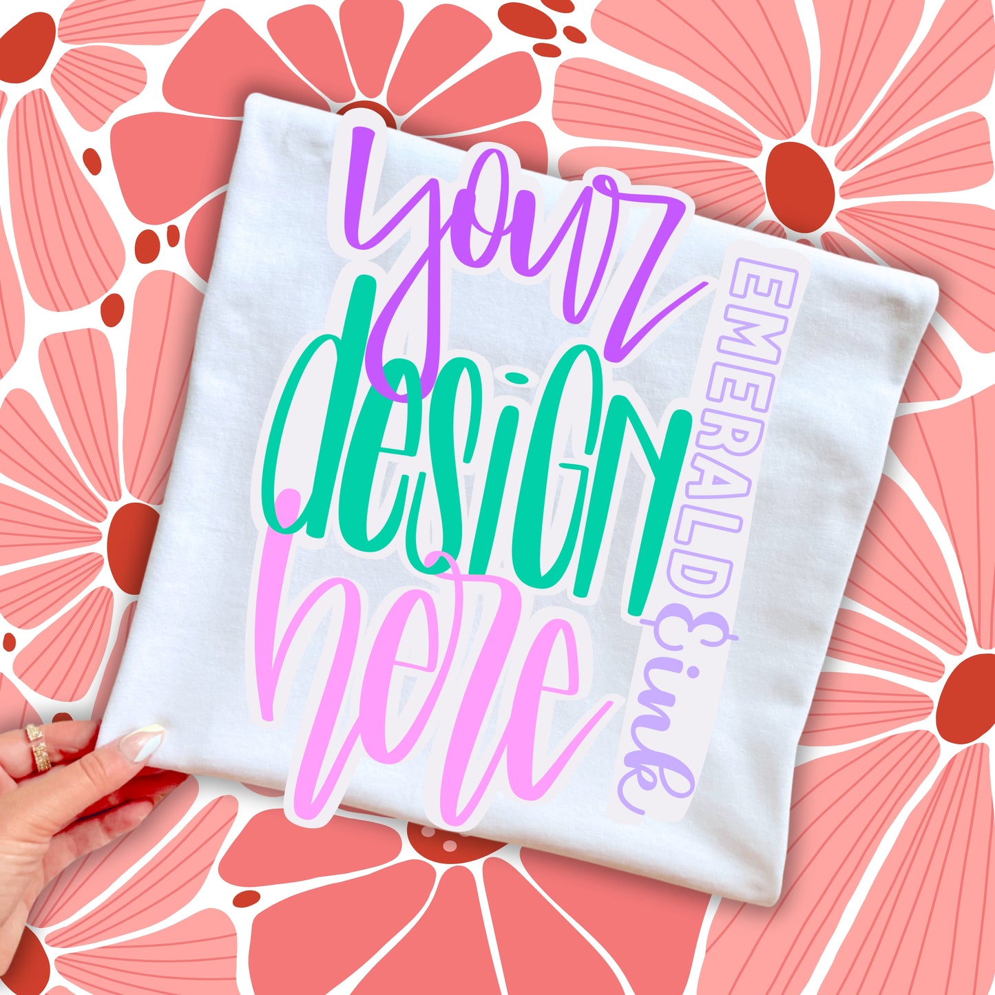 Youth White Folded T-Shirt Matisse Flower Background Digital Mock-up