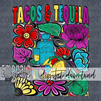 Tacos & Tequila Doodle Flowers Digital Download