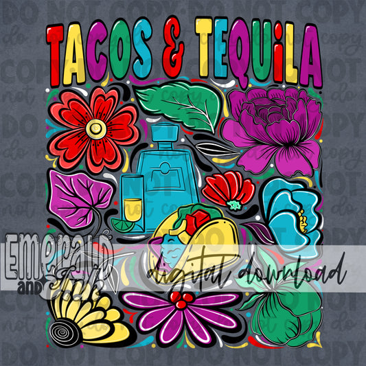 Tacos & Tequila Doodle Flowers Digital Download