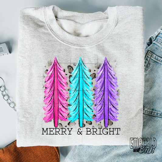 Merry & Bright Doodle Trees/Leopard Print - DTF Transfer*TAT 7 biz days