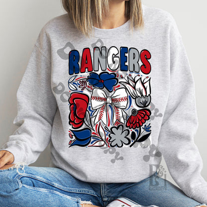 Rangers Hand Drawn Doodle Flowers Baseball Bow PNG