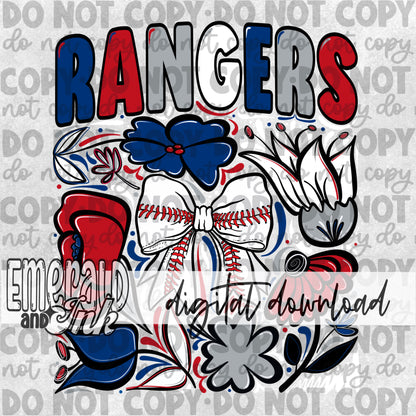 Rangers Hand Drawn Doodle Flowers Baseball Bow PNG