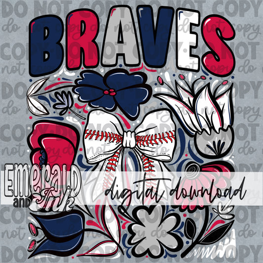 Braves Hand Drawn Doodle Flowers Baseball Bow PNG