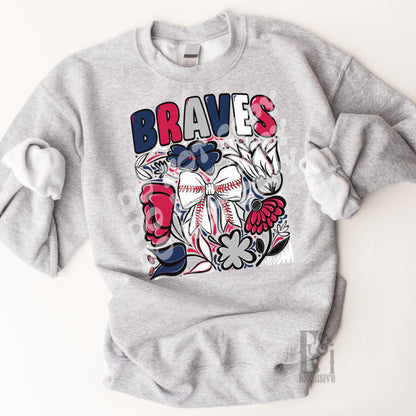 Braves Hand Drawn Doodle Flowers Baseball Bow PNG