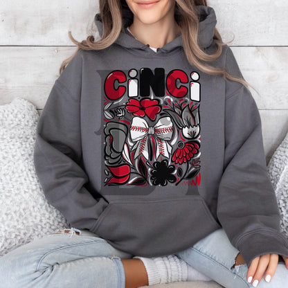 Cinci Hand Drawn Doodle Flowers Baseball Bow PNG