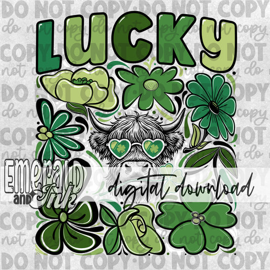 Lucky Highland Cow Doodle Flowers Digital Download