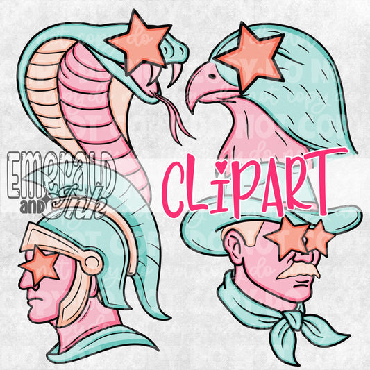 Four Pack Trendy Mascot Clipart Digitals (Falcons, Hawks, Cowboys, Warriors, Trojans, Huntsman, Rebels)