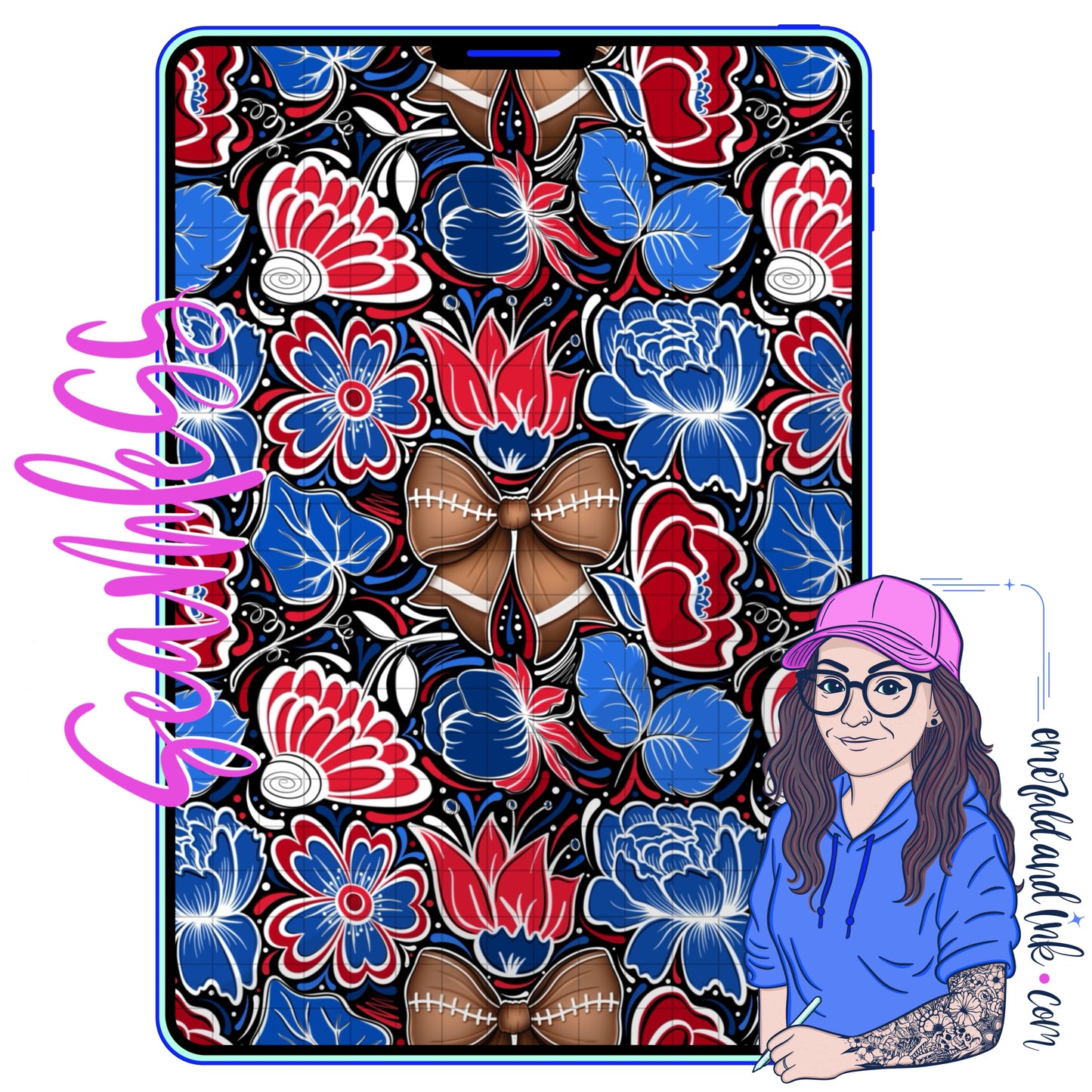 Football Doodle Flower Team Color Seamless (Buffalo, Patriots) - JPEG Digital Download