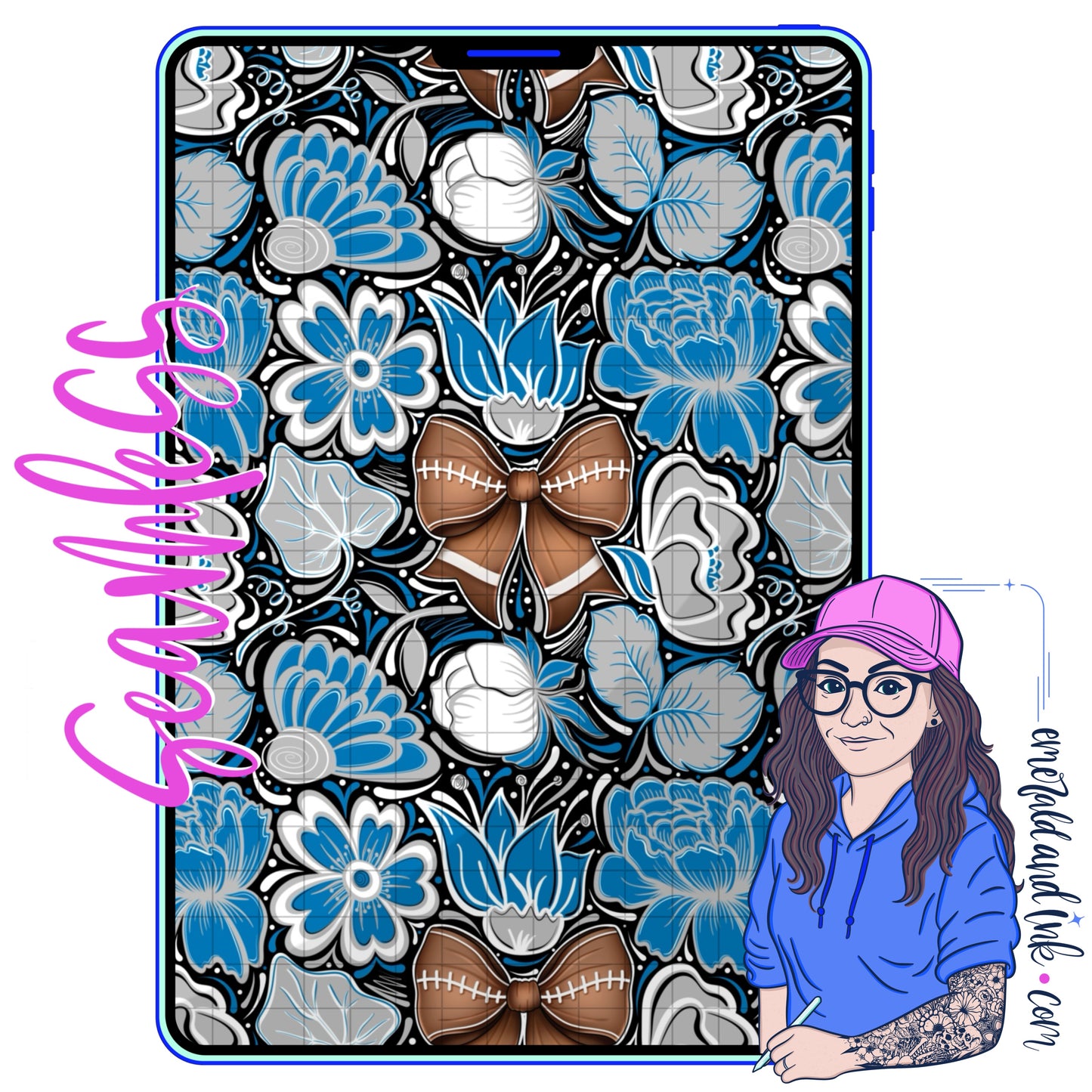 Football Doodle Flower Team Color Seamless (Detroit) - JPEG Digital Download