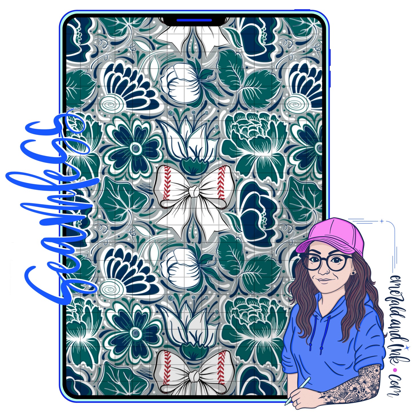 Baseball Doodle Flower Team Color Seamless (Seattle) - JPEG Digital Download