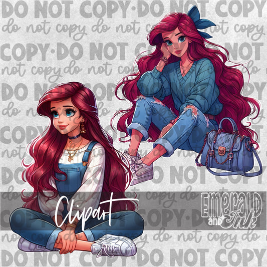 Red Hair Girl Character Clipart (2 files) - Digital PNG Download