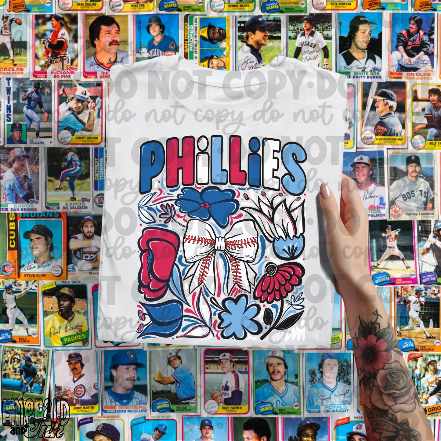 Phillies Hand Drawn Doodle Flowers Baseball Bow PNG
