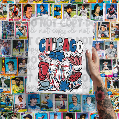 Chicago Hand Drawn Doodle Flowers Baseball Bow PNG